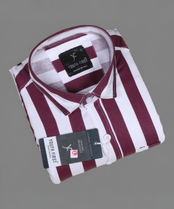 youth first Men Striped Casual Maroon, White Shirt