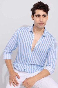 Jai Textiles Men Striped Casual Light Blue, White Shirt
