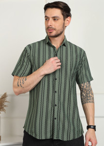 SHIMAK Men Striped Casual Green Shirt