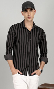 DivaNX Men Striped Casual Grey, Black Shirt