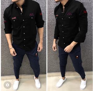 SHIRTZONE Men Embroidered Casual Black Shirt