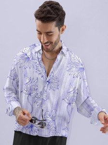 SZN Men Floral Print, Striped Casual White, Blue Shirt