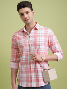 HIGHLANDER Men Checkered Formal Pink Shirt
