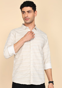 youth first Men Printed Casual Cream Shirt