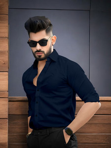 JessNX Men Striped Formal Dark Blue Shirt
