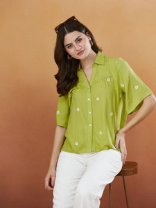 J TURRITOPSIS Women Embroidered Casual Green Shirt