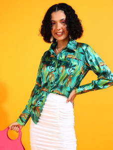 POPWINGS Women Printed Casual Green Shirt