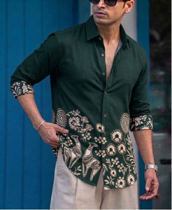 Men Printed Casual Green Shirt - Image 3