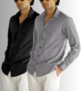 OXXOM Men Solid Casual Black, Grey Shirt