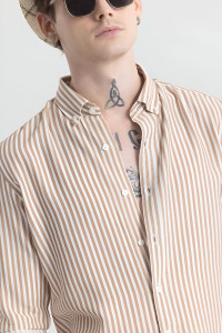 RODEIZ Men Striped Casual Beige Shirt
