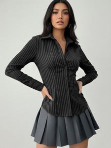 Aahwan Women Striped Casual Black Shirt