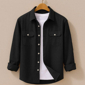 DEELMO Men Solid Casual Black Shirt