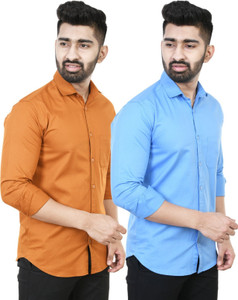 Feel high Men Solid Casual Brown, Blue Shirt