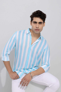 PANKHIL Men Striped Casual Light Blue, White Shirt