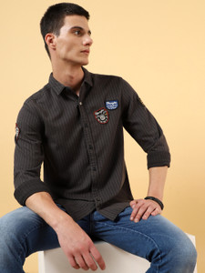 Wrangler Men Striped Casual Grey, Black Shirt
