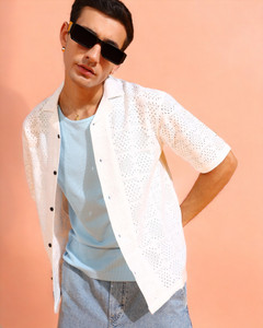 INDICLUB Men Self Design Casual White Shirt