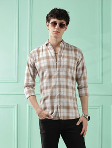 WOXEN Men Checkered Casual Brown Shirt
