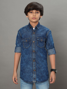 DARKCLUB Boys Washed Casual Dark Blue Shirt