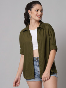 FUNDAY FASHION महिलाओं के लिए सॉलिड कैज़ुअल हरा  शर्ट