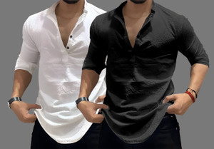 COMBRAIDED Men Self Design Casual White, Black Shirt