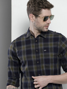 The Indian Garage Co. Men Checkered Casual Dark Blue Shirt