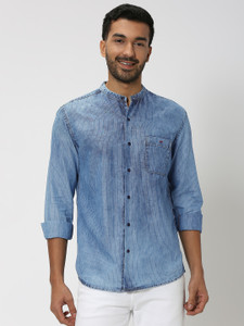 MUFTI Men Striped Casual Blue Shirt