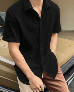 Praizy Men Self Design Casual Black Shirt