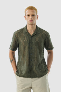 Snitch Men Self Design Casual Dark Green Shirt