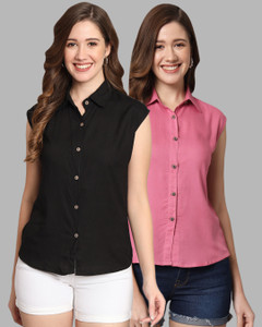 FUNDAY FASHION महिलाओं के लिए सॉलिड कैज़ुअल काला, गुलाबी  शर्ट