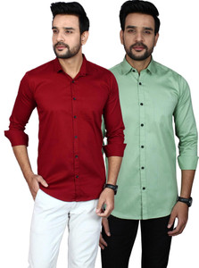 Liza Martin Men Solid Casual Maroon, Light Green Shirt