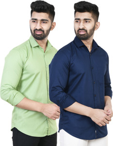 Feel high Men Solid Casual Dark Blue, Green Shirt