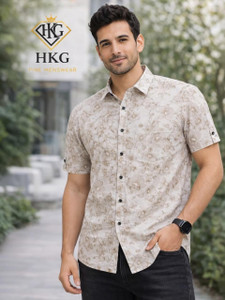 HKG Men Floral Print Casual Beige Shirt