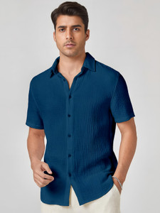 Webric Men Self Design Formal Blue Shirt