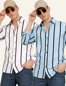 iCome Men Striped Casual White, Light Blue Shirt