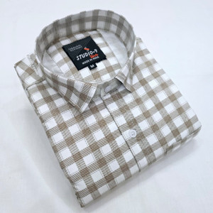 Studio-9 Men Checkered Casual Cream Shirt