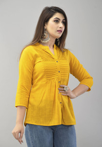 IQRAAR Women Embroidered Casual Yellow Shirt