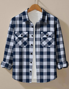 COMBRAIDED Men Checkered Casual Dark Blue Shirt