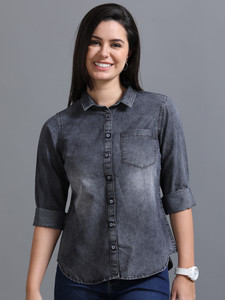 CAZZBA Women Solid Casual Grey Shirt