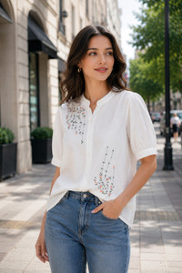 RYLEE Casual Embroidered Women White Top