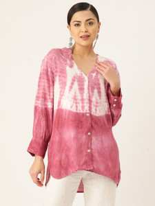 PinkTribe Women Dyed/Ombre Casual Pink, White Shirt