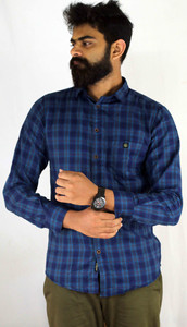 Indi Hemp Men Checkered Casual Dark Blue, Blue, Beige Shirt