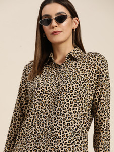 Hancock Women Printed Casual Beige, Black Shirt