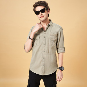 PEOPLE Men Solid Casual Khaki Shirt