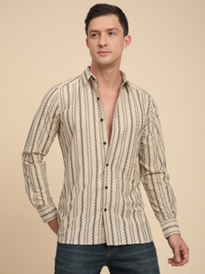 Voroxy Men Striped Casual Beige Shirt
