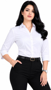 NABAERA Women Solid Formal White Shirt