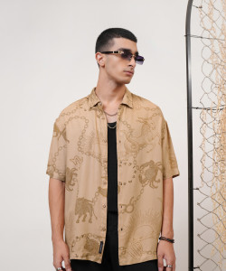 KETCH Men Printed Casual Beige Shirt