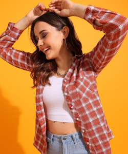 Herway Women Checkered Casual Orange Shirt