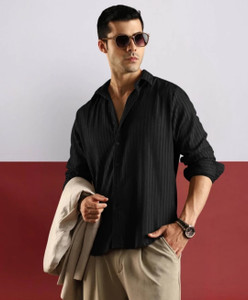 Lyphy Men Striped Casual Black Shirt