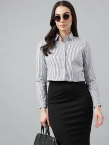 English Navy Women Striped Formal Black, White Shirt