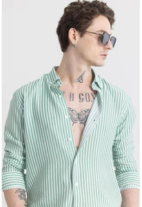 TIGERSNAKE Men Striped Casual Green, White Shirt